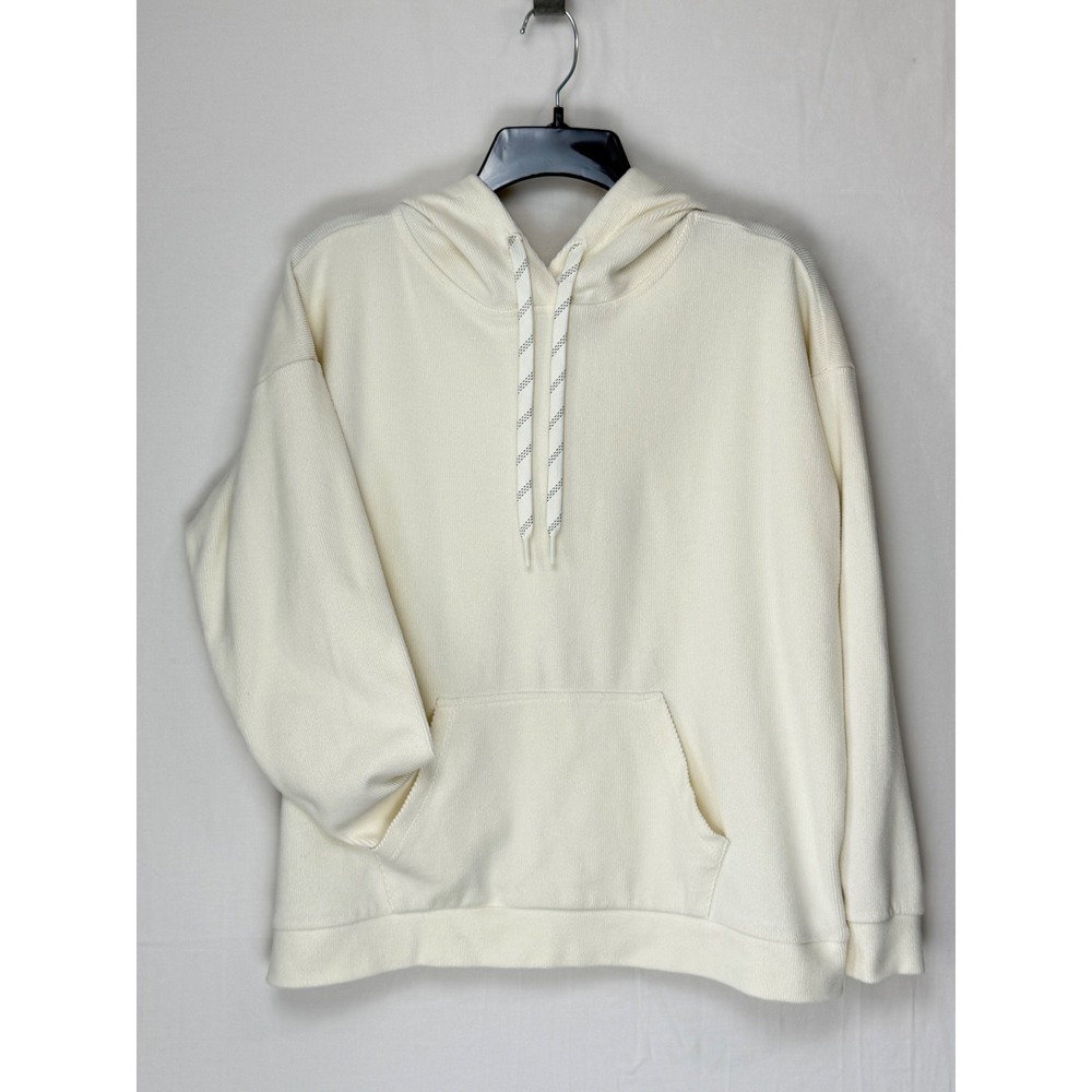Marc New York Women Cotton Hoodie L Cream Ribbed Knit Kangaroo Pocket Pullover